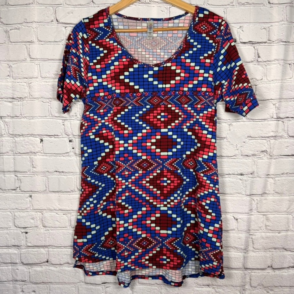 LuLaRoe Irma Tunic Top Womens Medium Blue Red Geometric Mosaic High Low Hem